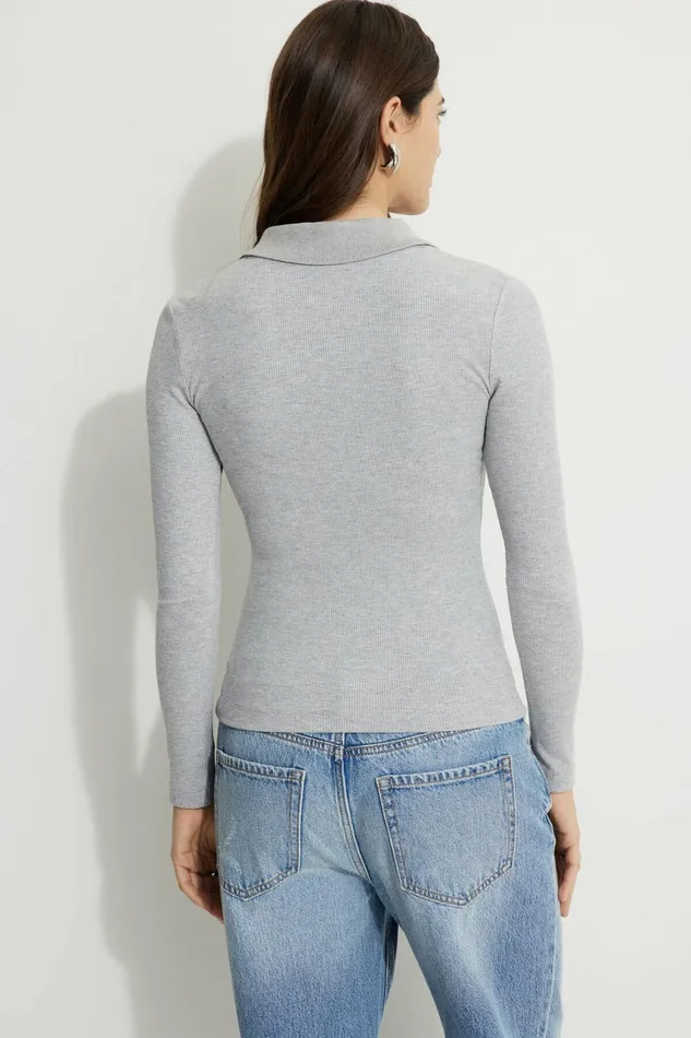Dynamite Tops Women Ribbed Long Sleeve Polo Gray