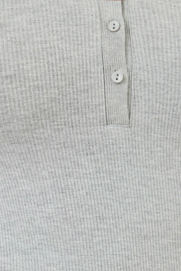 Dynamite Tops Women Ribbed Long Sleeve Polo Gray