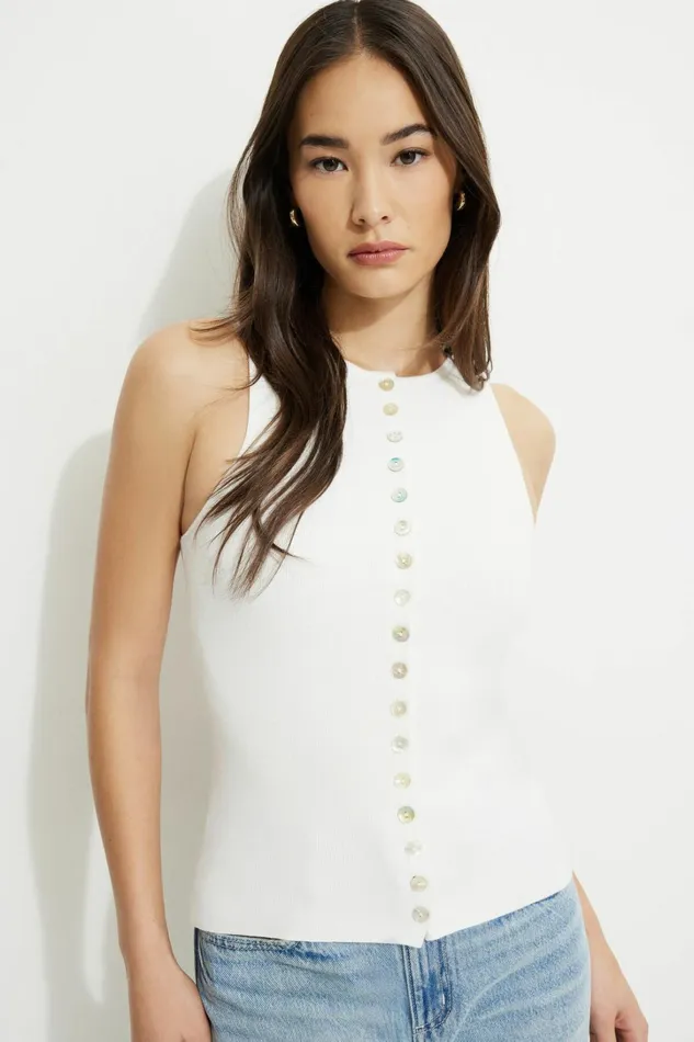 Dynamite Tops Women Ribbed Pearl Button Vest White