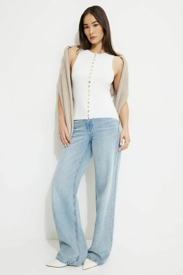 Dynamite Tops Women Ribbed Pearl Button Vest White