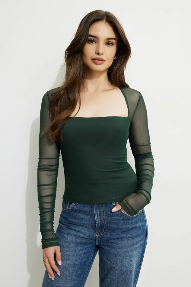 Dynamite Tops Women Shirred Long Sleeve Bolero Top Green