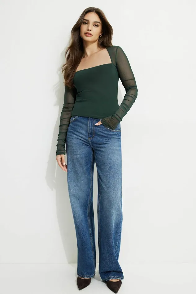 Dynamite Tops Women Shirred Long Sleeve Bolero Top Green