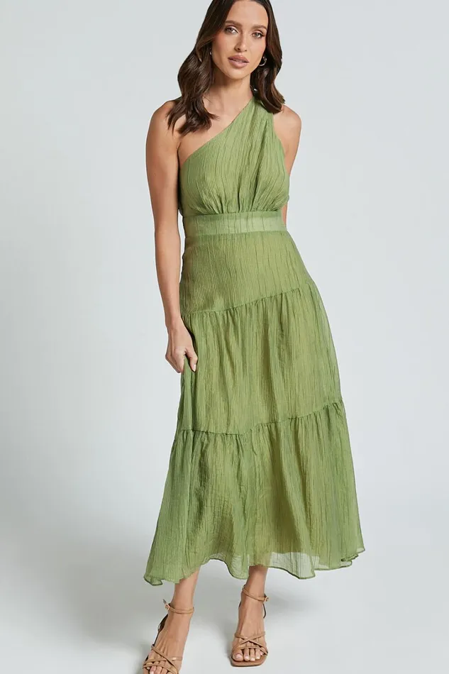 Edeline Midi Dress 8211 One Shoulder Twist Tiered Dress In Olive Women Showpo Dresses