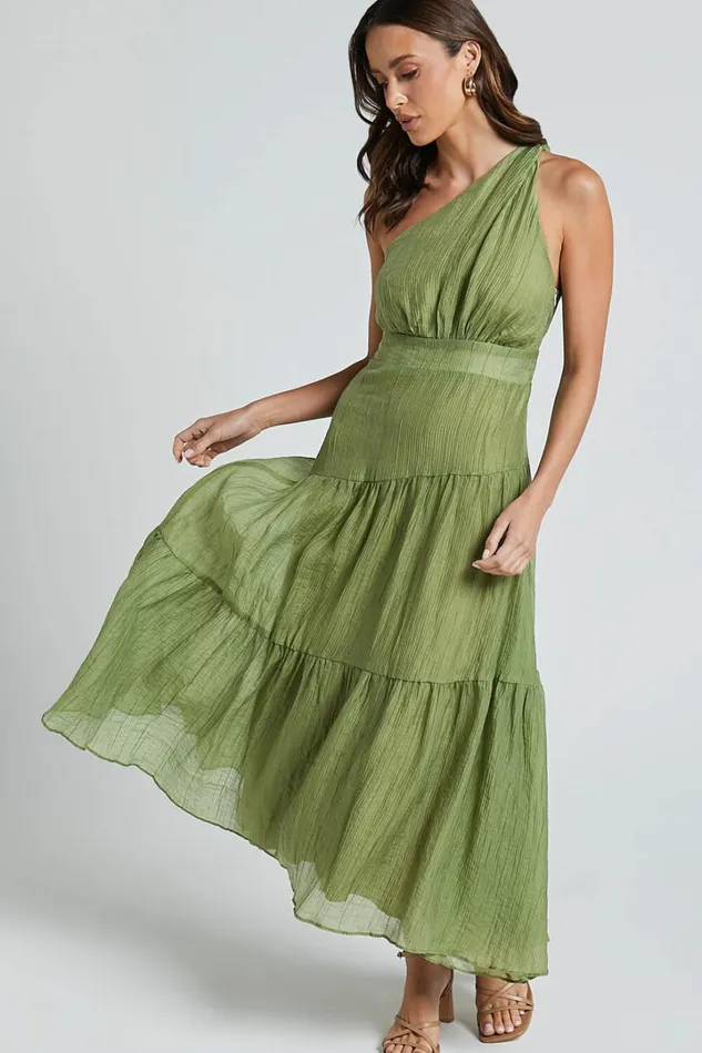Edeline Midi Dress 8211 One Shoulder Twist Tiered Dress In Olive Women Showpo Dresses