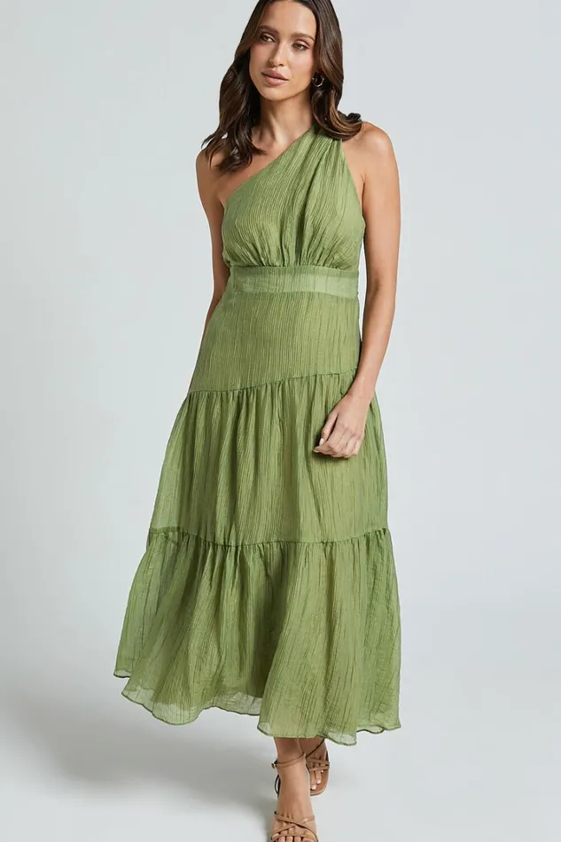 Edeline Midi Dress 8211 One Shoulder Twist Tiered Dress In Olive Women Showpo Dresses