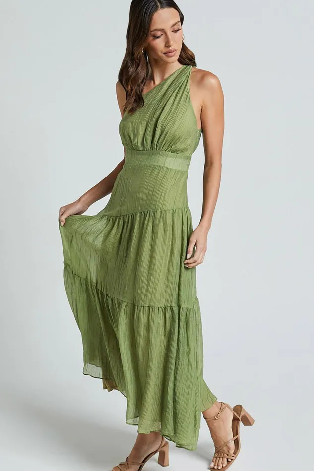 Edeline Midi Dress 8211 One Shoulder Twist Tiered Dress In Olive Women Showpo Dresses