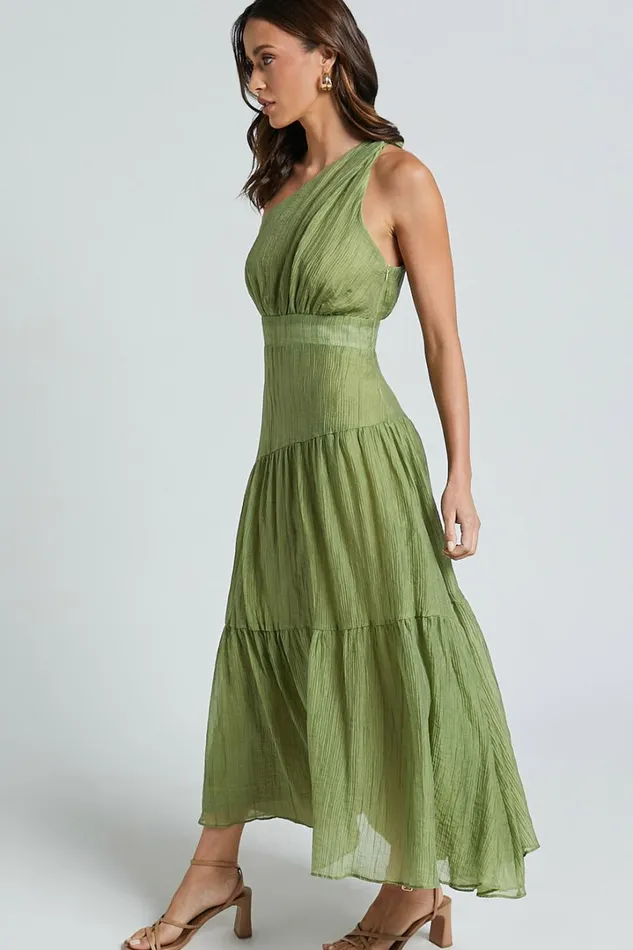 Edeline Midi Dress 8211 One Shoulder Twist Tiered Dress In Olive Women Showpo Dresses