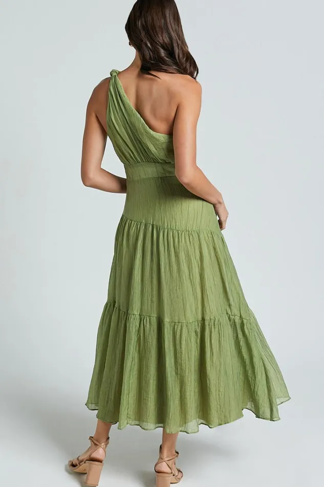 Edeline Midi Dress 8211 One Shoulder Twist Tiered Dress In Olive Women Showpo Dresses