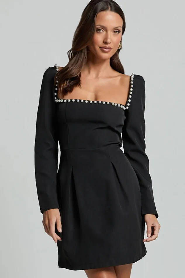 Edelyn Mini Dress 8211 Square Neck Long Sleeve A Line Dress In Black Women Showpo Dresses