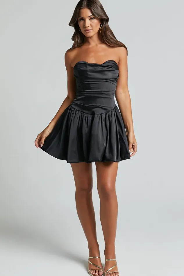 Edina Mini Dress 8211 Strapless Drop Waist Puff Ball Dress In Black Women Showpo Dresses