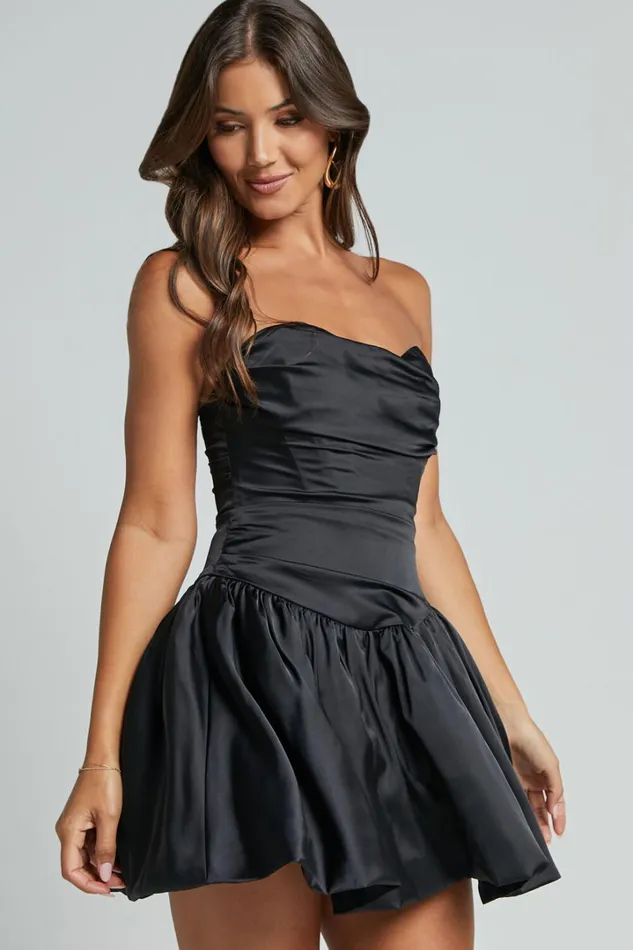 Edina Mini Dress 8211 Strapless Drop Waist Puff Ball Dress In Black Women Showpo Dresses