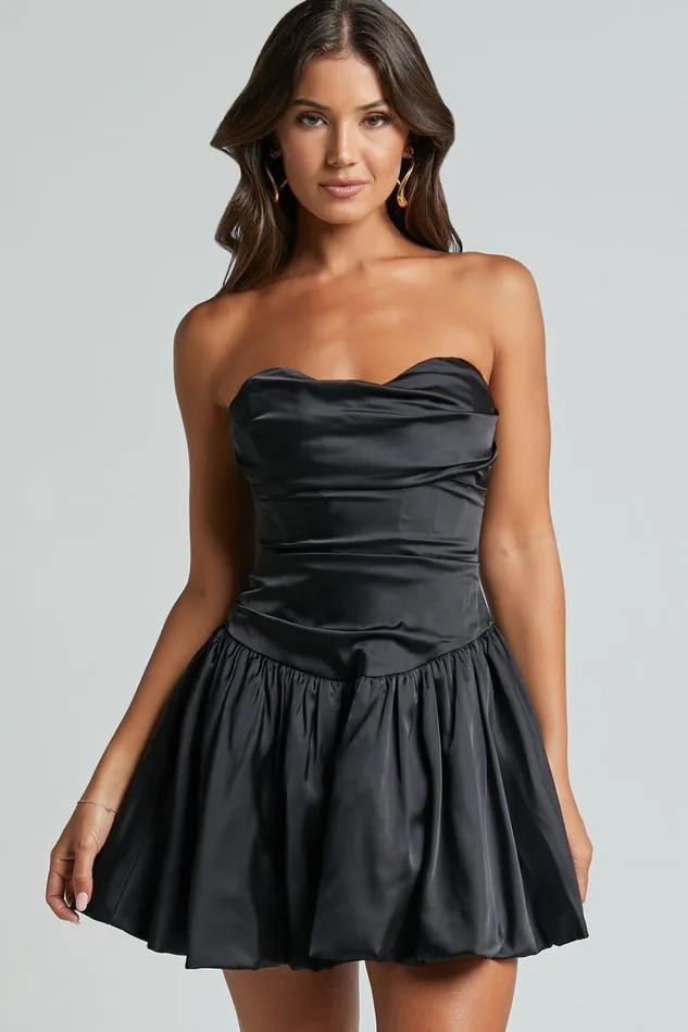 Edina Mini Dress 8211 Strapless Drop Waist Puff Ball Dress In Black Women Showpo Dresses