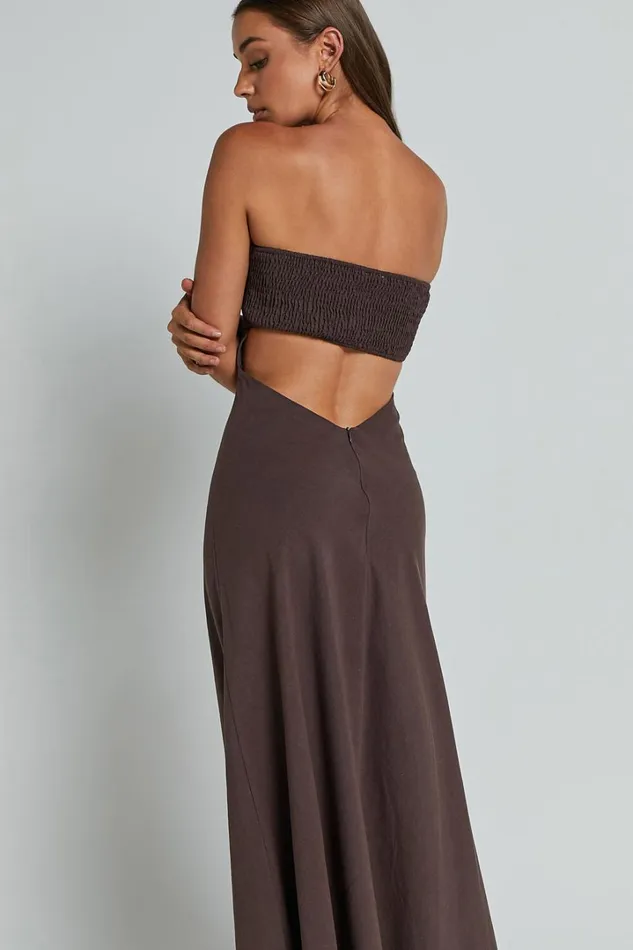 Elerie Maxi Dress 8211 Strapless Linen Dress In Chocolate Women Showpo Maternity Clothes