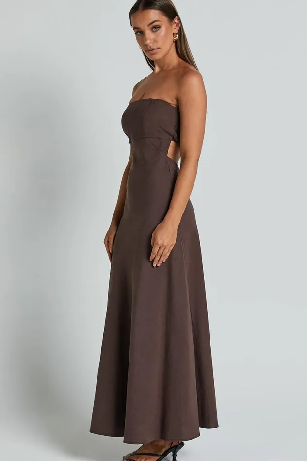 Elerie Maxi Dress 8211 Strapless Linen Dress In Chocolate Women Showpo Maternity Clothes