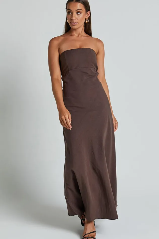 Elerie Maxi Dress 8211 Strapless Linen Dress In Chocolate Women Showpo Maternity Clothes