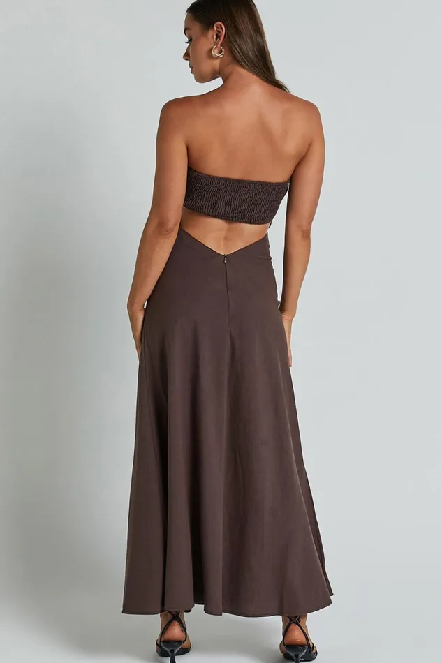 Elerie Maxi Dress 8211 Strapless Linen Dress In Chocolate Women Showpo Maternity Clothes
