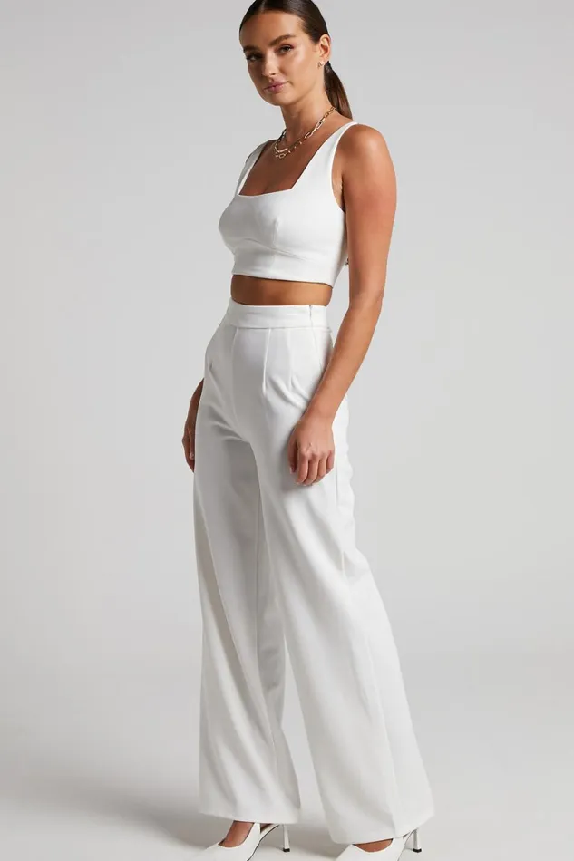 Elibeth Two Piece Set 8211 Crop Top And High Waisted Wide Leg Pants Set In White Women Showpo Curve Clothes