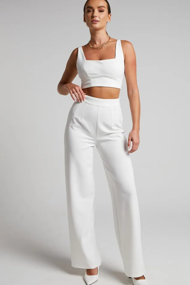 Elibeth Two Piece Set 8211 Crop Top And High Waisted Wide Leg Pants Set In White Women Showpo Curve Clothes