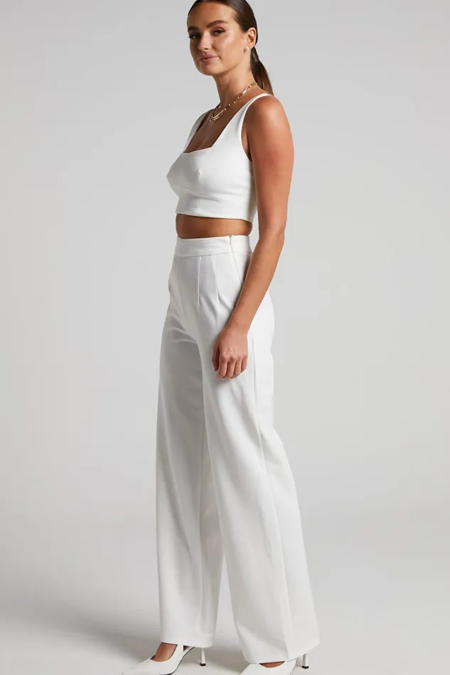 Elibeth Two Piece Set 8211 Crop Top And High Waisted Wide Leg Pants Set In White Women Showpo Curve Clothes
