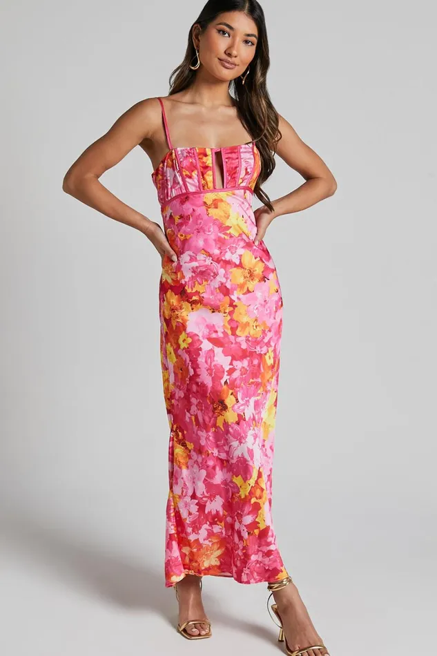 Eliza Midi Dress 8211 Ruched Bust Cut Out Dress In Pink Floral Women Showpo Dresses