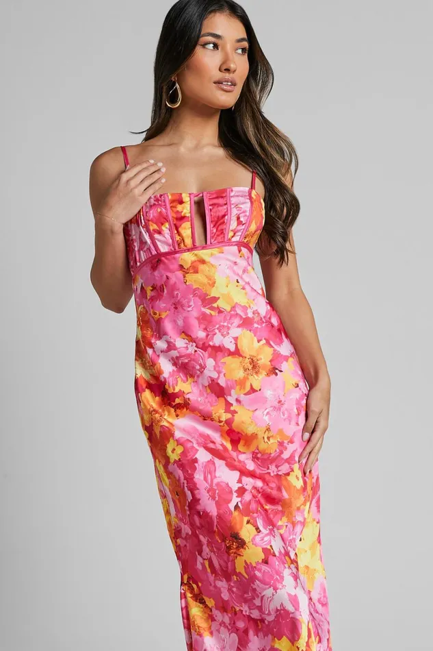 Eliza Midi Dress 8211 Ruched Bust Cut Out Dress In Pink Floral Women Showpo Dresses