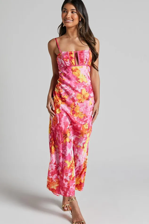 Eliza Midi Dress 8211 Ruched Bust Cut Out Dress In Pink Floral Women Showpo Dresses