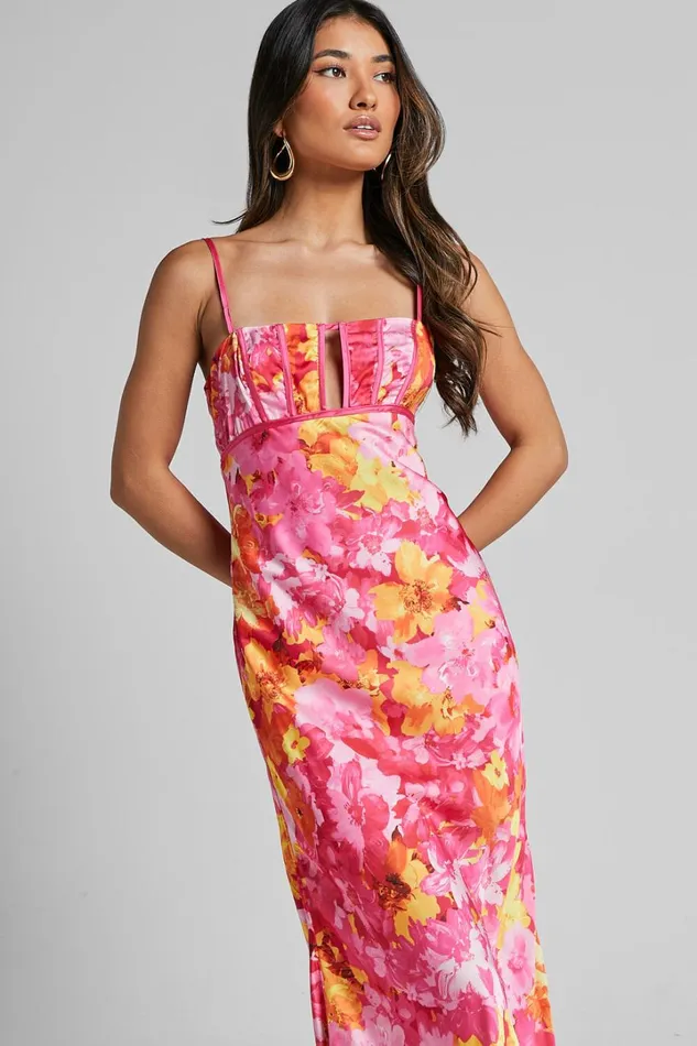 Eliza Midi Dress 8211 Ruched Bust Cut Out Dress In Pink Floral Women Showpo Dresses