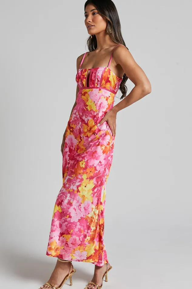 Eliza Midi Dress 8211 Ruched Bust Cut Out Dress In Pink Floral Women Showpo Dresses