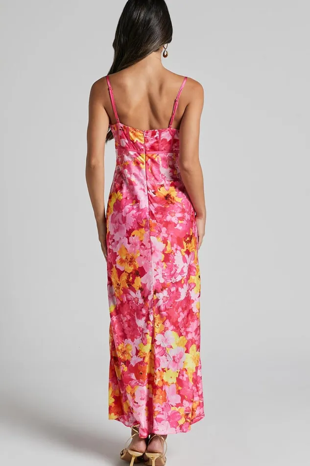 Eliza Midi Dress 8211 Ruched Bust Cut Out Dress In Pink Floral Women Showpo Dresses