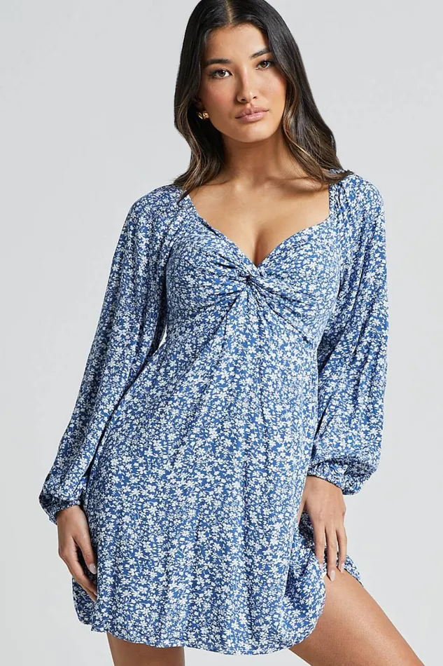 Ellison Mini Dress 8211 34 Sleeve Twist Bodice Dress In Blue Floral Women Showpo Dresses Ellison Mini Dress 8211 34 Sleeve Twist Bodice Dress In Blue Floral Women Showpo Dresses