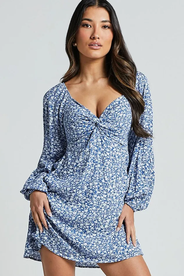 Ellison Mini Dress 8211 34 Sleeve Twist Bodice Dress In Blue Floral Women Showpo Dresses