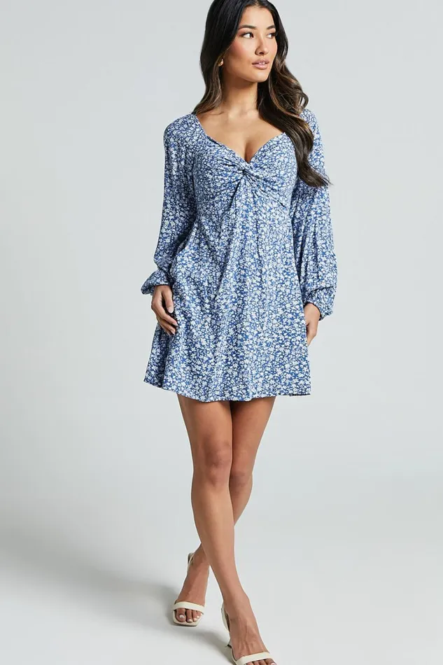 Ellison Mini Dress 8211 34 Sleeve Twist Bodice Dress In Blue Floral Women Showpo Dresses