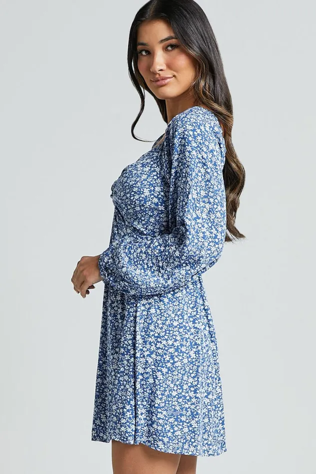 Ellison Mini Dress 8211 34 Sleeve Twist Bodice Dress In Blue Floral Women Showpo Dresses