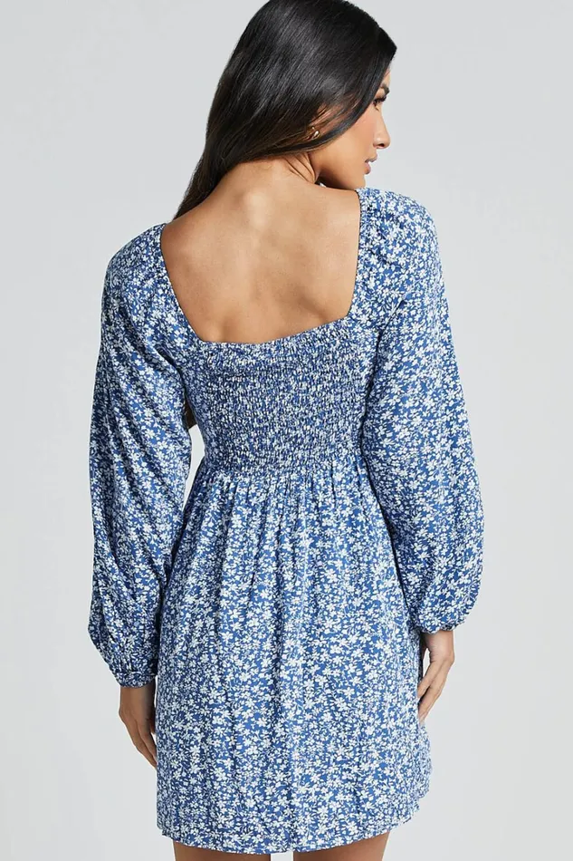 Ellison Mini Dress 8211 34 Sleeve Twist Bodice Dress In Blue Floral Women Showpo Dresses