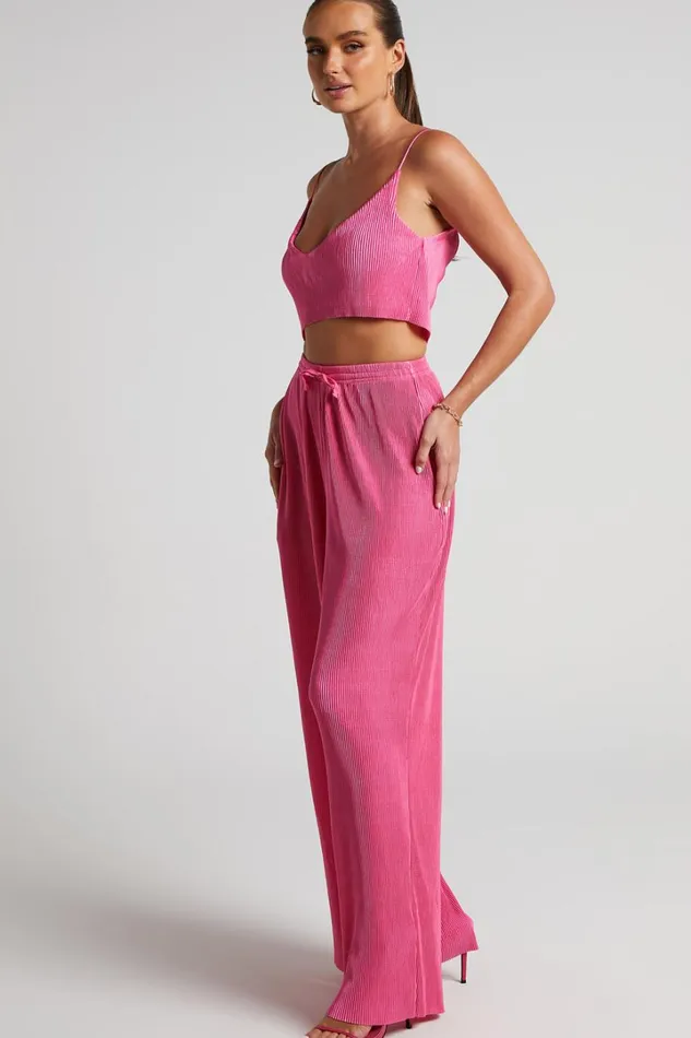 Elowen Two Piece Set 8211 Plisse Crop Top And Relaxed Wide Leg Pants Set In Pink Women Showpo Curve Clothes