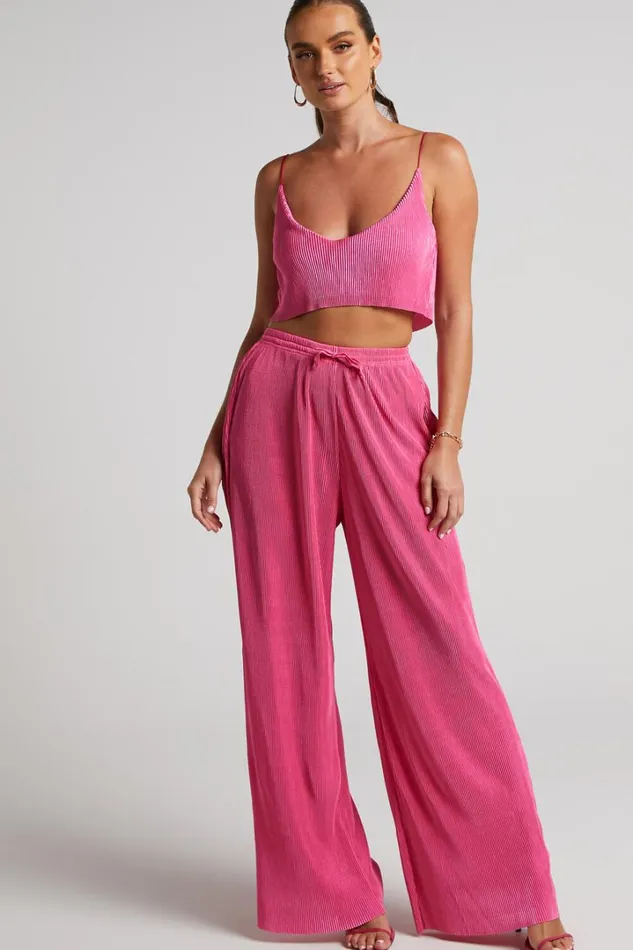 Elowen Two Piece Set 8211 Plisse Crop Top And Relaxed Wide Leg Pants Set In Pink Women Showpo Curve Clothes