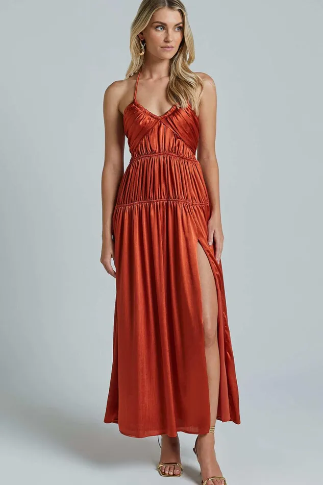 Emmalyn Maxi Dress 8211 Strappy Halter Tiered Fit and Flare In Rust Women Showpo Dresses