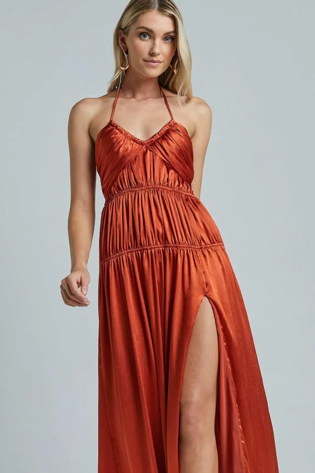 Emmalyn Maxi Dress 8211 Strappy Halter Tiered Fit and Flare In Rust Women Showpo Dresses