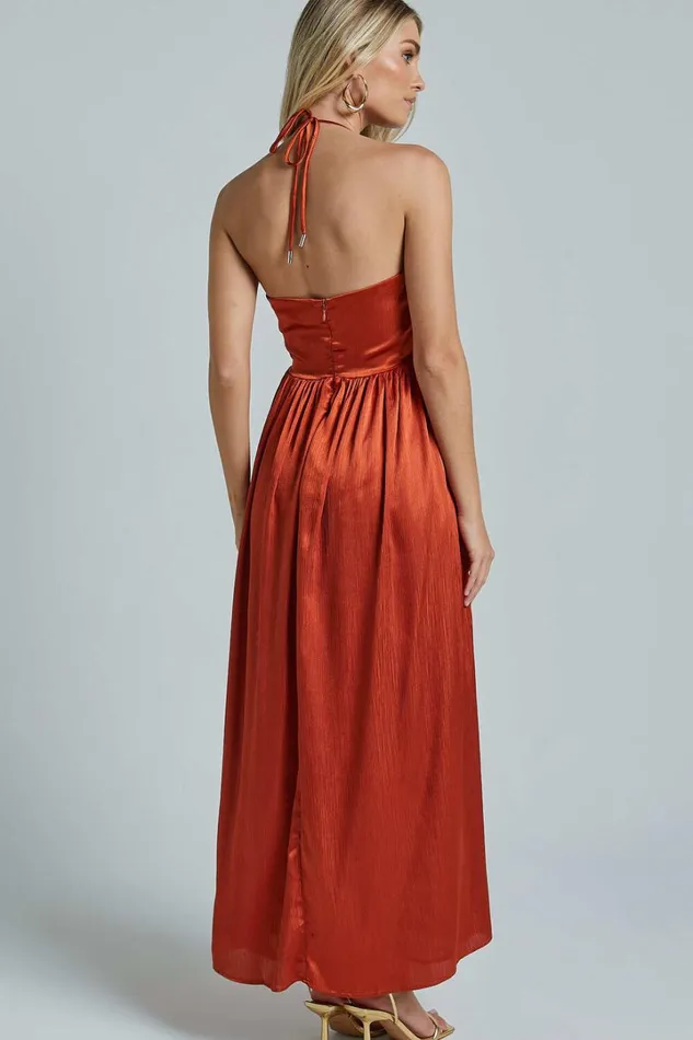 Emmalyn Maxi Dress 8211 Strappy Halter Tiered Fit and Flare In Rust Women Showpo Dresses