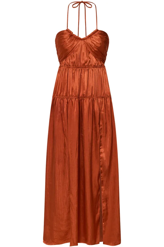 Emmalyn Maxi Dress 8211 Strappy Halter Tiered Fit and Flare In Rust Women Showpo Dresses