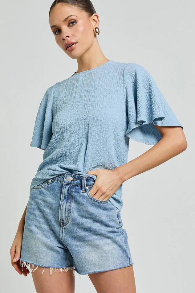 Enzo Top 8211 Flutter Sleeve Scoop Neck Top In Blue Women Showpo Curve Clothes