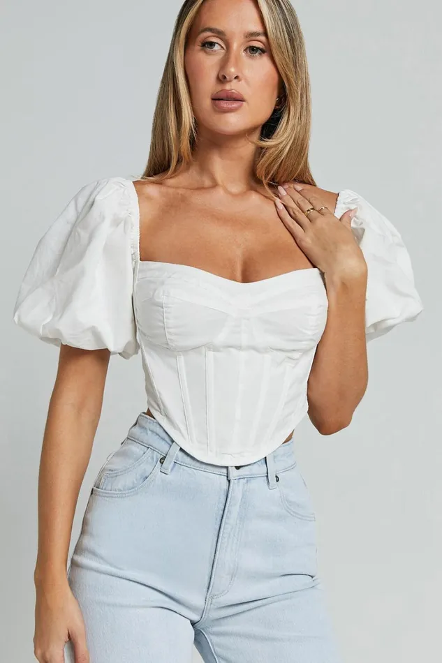 Estella Top 8211 Puff Sleeve Corset Bustier Top In White Women Showpo Curve Clothes