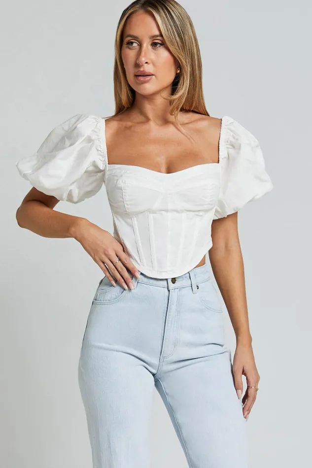 Estella Top 8211 Puff Sleeve Corset Bustier Top In White Women Showpo Curve Clothes