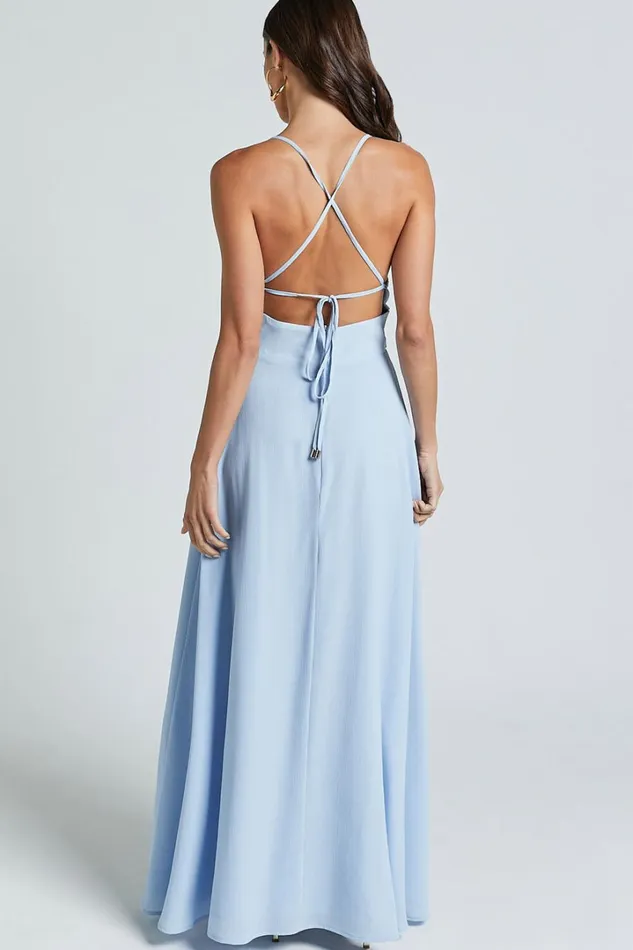 Esther Midi Dress 8211 Plunge Backless Thigh Split Dress In Light Blue Women Showpo Dresses