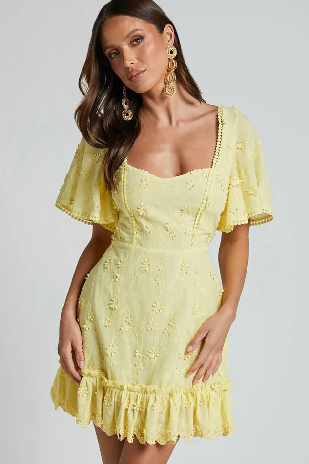 Fancy A Spritz Mini Dress 8211 Square Neck Dress In Lemon Women Showpo Conscious