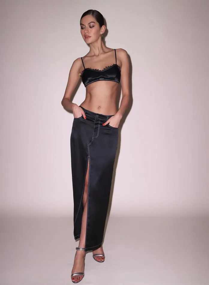 Fleur Du Mal Bottoms Women Silk Maxi Skirt Black Fleur Du Mal Bottoms Women Silk Maxi Skirt Black