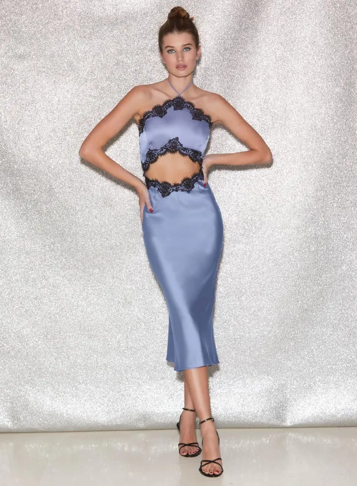 Fleur Du Mal Dresses Women Silk U0026 Lace Halter Slip Denim Blue Fleur Du Mal Dresses Women Silk U0026 Lace Halter Slip Denim Blue