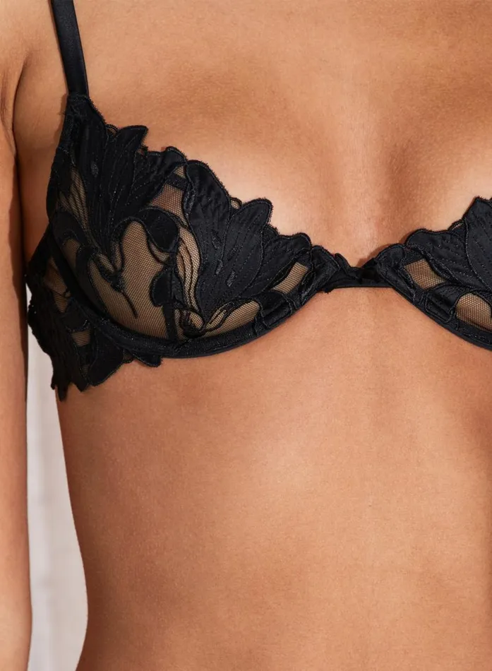 Fleur Du Mal Underwire Bras Women Lily Embroidery Plunge Demi Bra Black Fleur Du Mal Underwire Bras Women Lily Embroidery Plunge Demi Bra Black