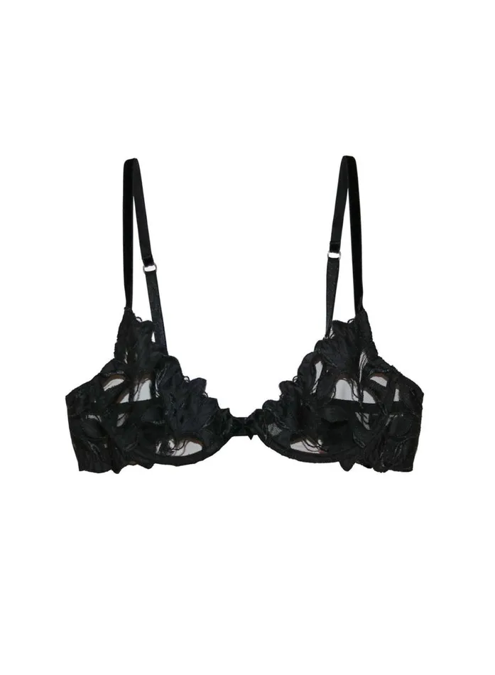 Fleur Du Mal Underwire Bras Women Lily Embroidery Plunge Demi Bra Black Fleur Du Mal Underwire Bras Women Lily Embroidery Plunge Demi Bra Black