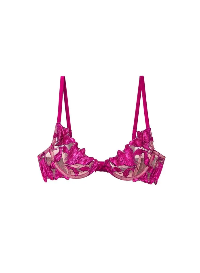 Fleur Du Mal Underwire Bras Women Lily Embroidery Plunge Demi Bra Magenta Velvet Fleur Du Mal Underwire Bras Women Lily Embroidery Plunge Demi Bra Magenta Velvet
